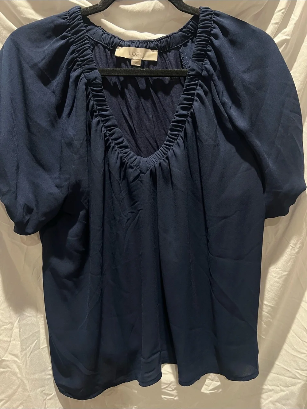 LOFT Navy Gathered V-Neck Short Sleeve Blouse